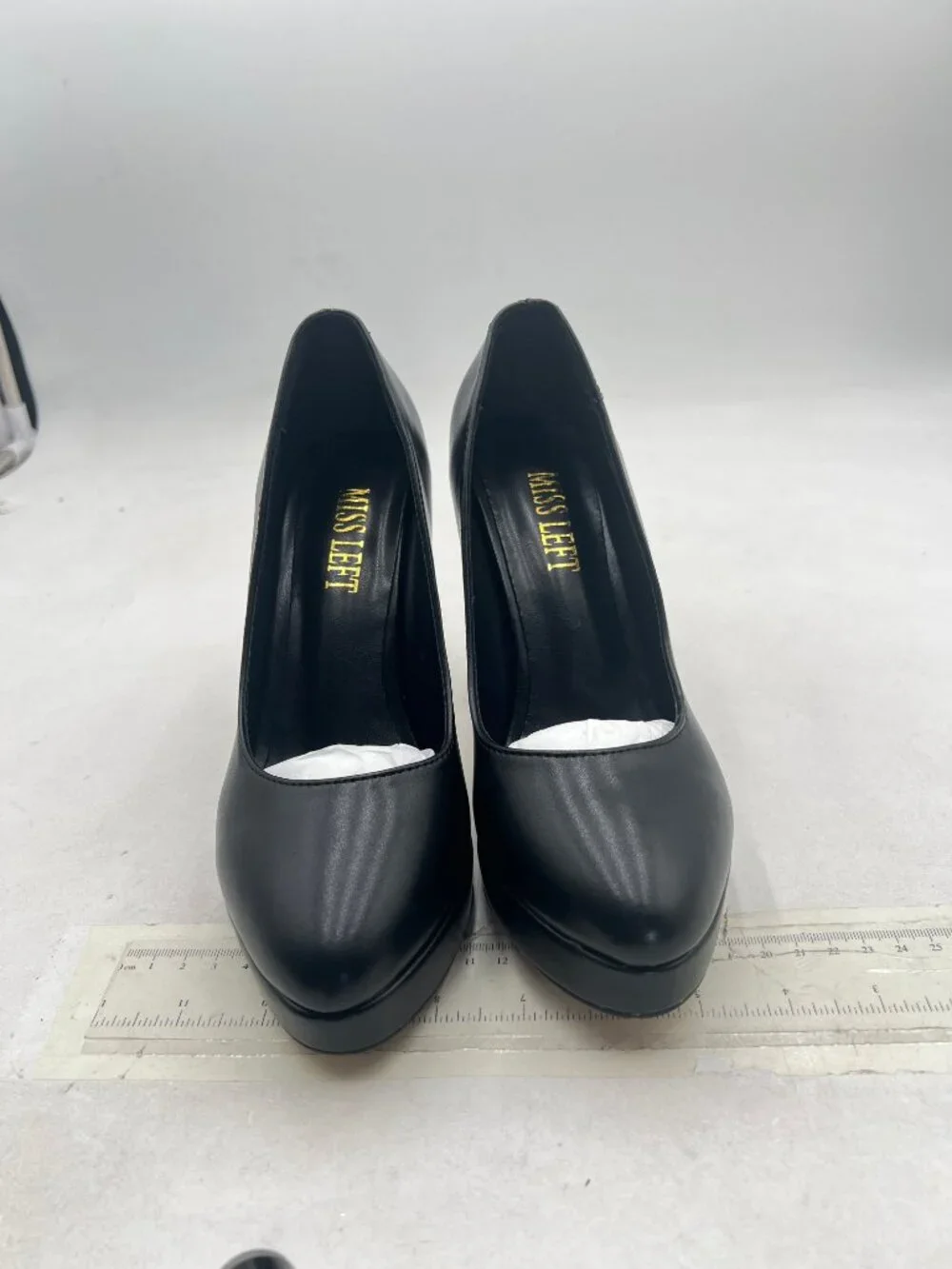 miss left Black Platform Closed Almond Toe Pumps Slip On Block Heels Shoe